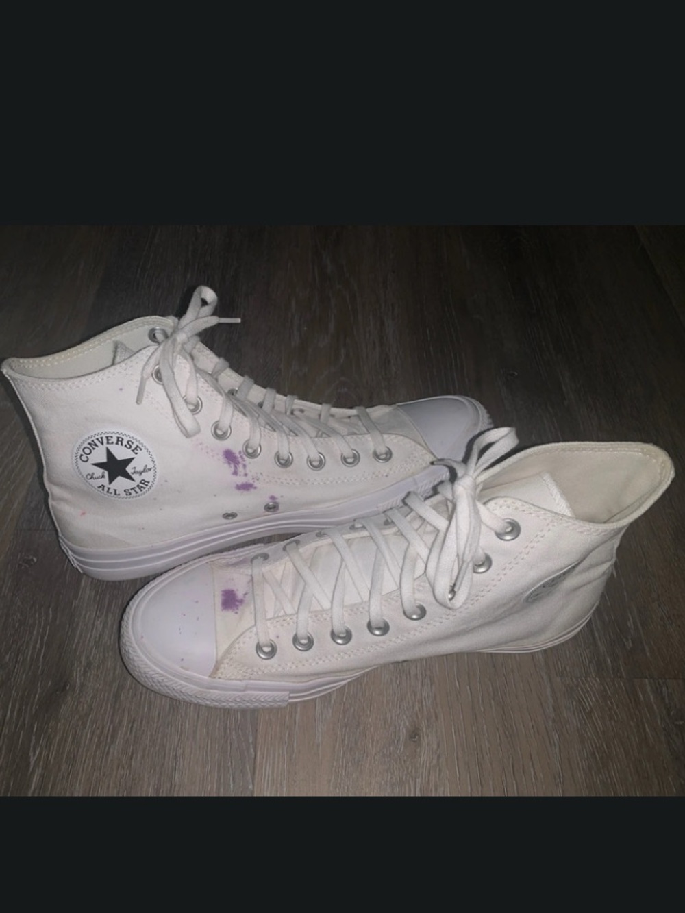 Converse White High-Top Womens 10 Canvas Sneakers with Purple Ink Marks
